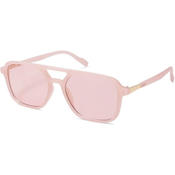 Women Trendy Rectangle Milky Pink Grading Shades Retro Aviator Sunglasses - Picture 1 of 5